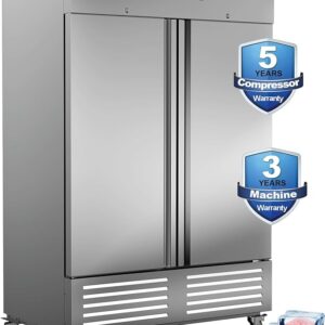 Commercial Freezer 2 Door Upright Freezer with 8 Adjustable Shelves, 54"W Stainless Steel Reach-in,Temp Control -8℉ to1℉, 49 Cu.ft for Restaurant Kitchen Bar Garage